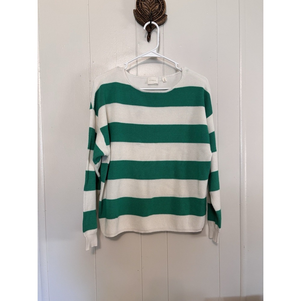 Cyrus Women's Knit Sweater Green White Striped Round Neck Rayon Nylon Medium‎